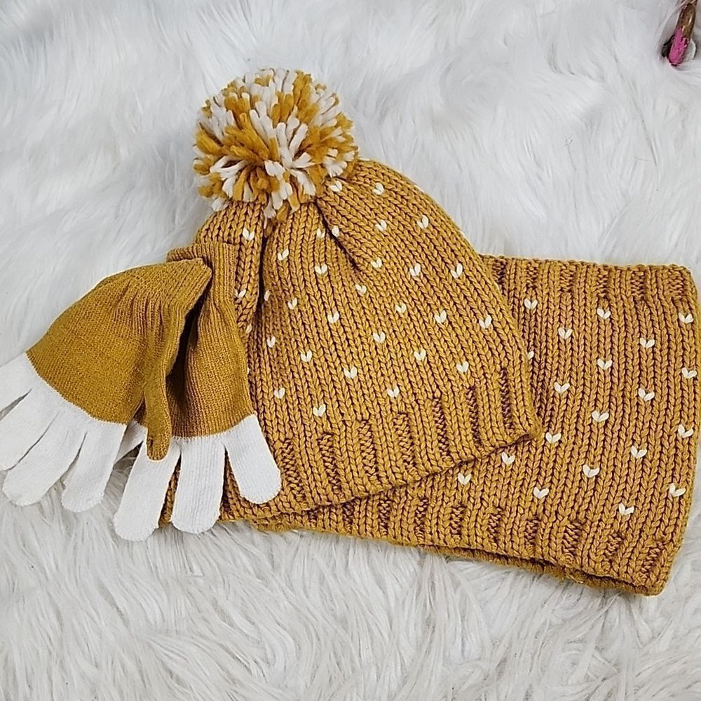 Toby Knit Mustard Yellow Stocking Cap, Gloves and Cowl neck Scarf Set